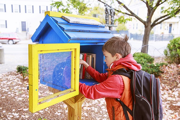 boy takes the free books on the street. little free street libra