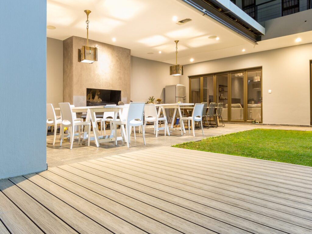 Outdoor entertainment area decked with Fortress composite decking