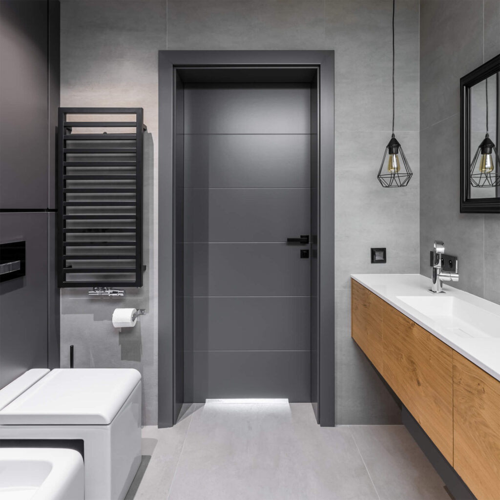 Gray masonite interior bathroom door